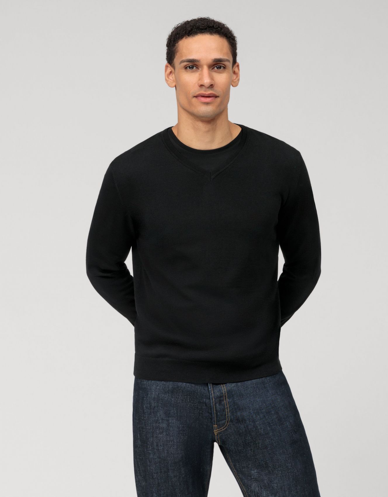 Men\'s Olymp Extrafine Merino Jersey clothing Wool - Black V-neck Men\'s