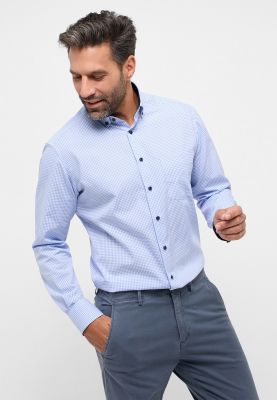 Men\'s Classic Checkered Shirt – Poplin Eterna Fit Modern Cotton Light Blue