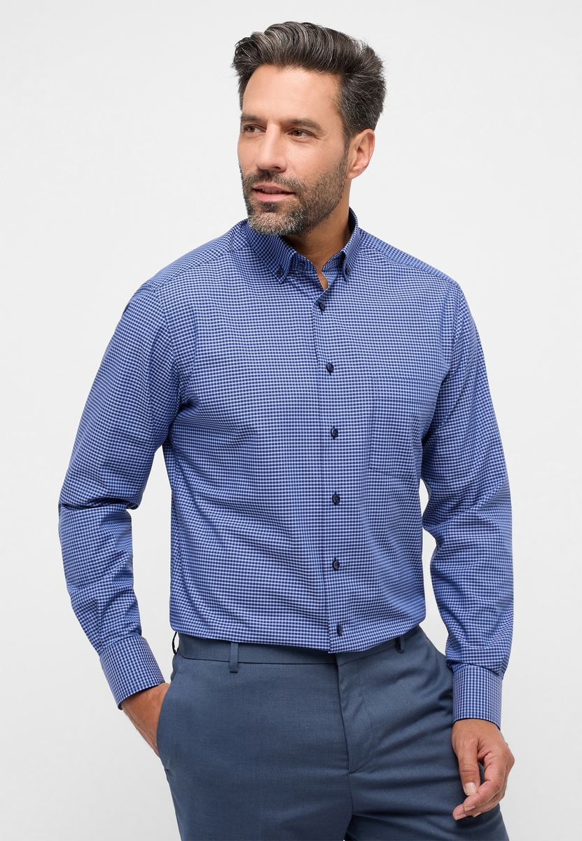 Men\'s Classic Checkered Shirt Royal – Poplin Modern Cotton Eterna Blue Fit