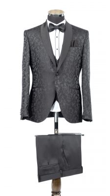 Black groom's damask tuxedo with shawl collar