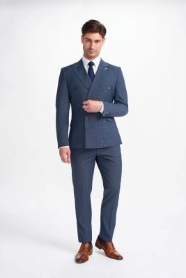 Blue double-breasted suit with plaid cavani stretch wool