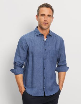 Camicia olymp blu royal in puro lino regular fit con taschino