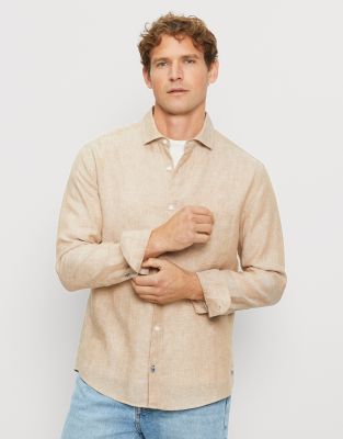 Camicia olymp beige in puro lino regular fit con taschino