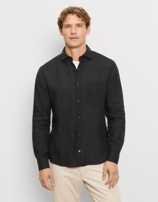 Black olymp shirt in pure linen regular fit with breast pocket