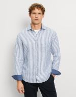  Olymp striped shirt royal blue pure linen regular fit with breast pocket