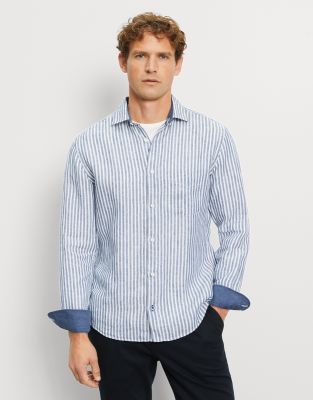 Camicia olymp righe blu royal puro lino regular fit con taschino