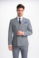 Grey and blue double-breasted suit with checks in stretch wool