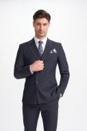 Double-breasted suit in cavani dark blue stretch wool