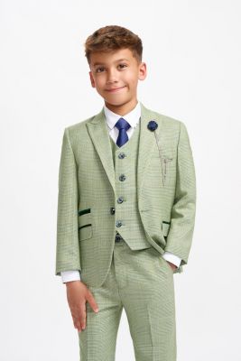 Sage green checked cavani boy suit with vest